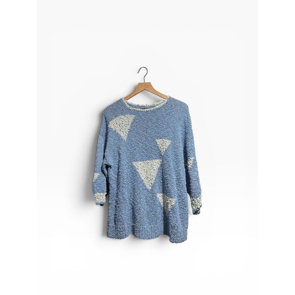 Vintage Handmade Knit Sweater Blue Cream Triangle Geometric Grannycore 90s Boho